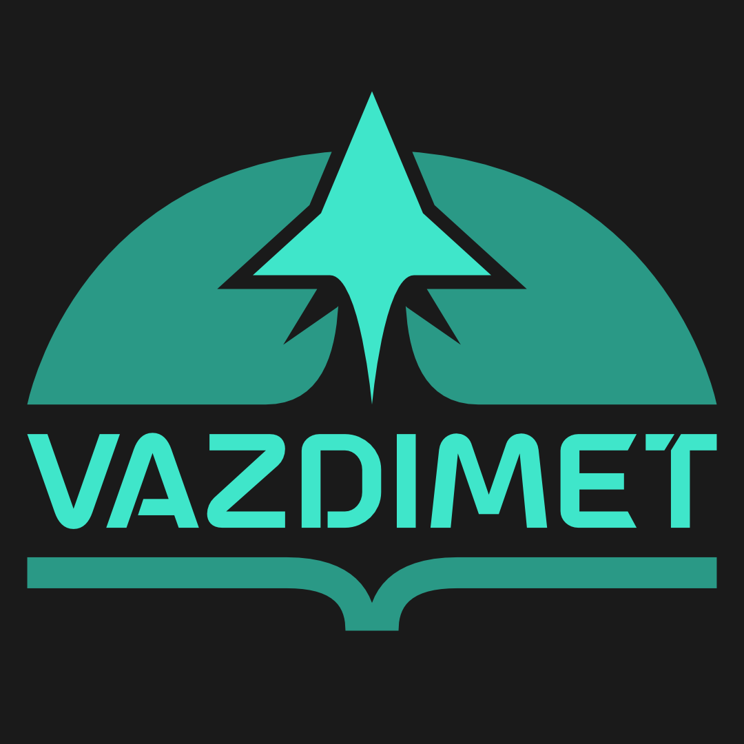 A turquoise logo depicting the arch of a planet, with a minimalist rocket ship launching and escaping orbit. Beneath the planet is the word 'VAZDIMET' in rounded, sleek text. Under this is a decorative line curved at the middle to give the appearance of an open book, viewed from the side.